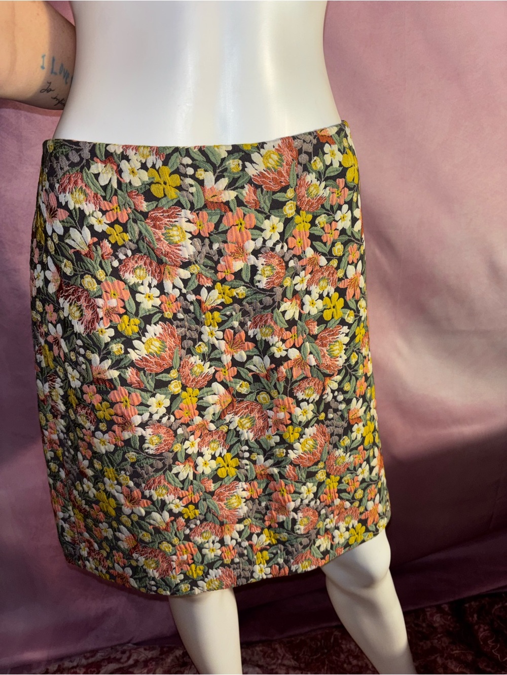 LOFT Floral Embroidered Mini Skirt - Black with Pink & Yellow Flowers